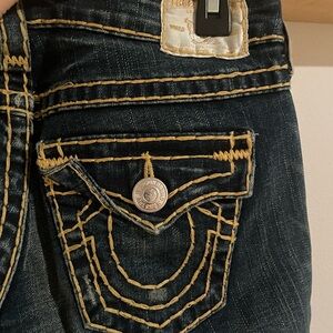 True Religion Dark Indigo low-rise Jeans with Yellow Contrast Stitching